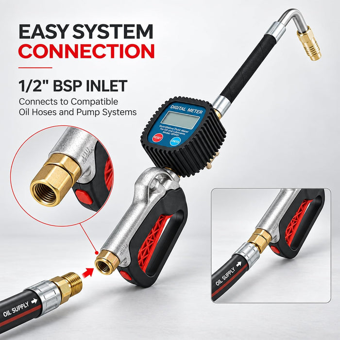 Digital Oil Dispensing Meter Gun, 1/2 Inch BSP Inlet, 1000 PSI Digital Fluid Meter With Flexible Extension, Automatic Shut Off Handle For Gear Oil, Hydraulic And Lubricating 47565