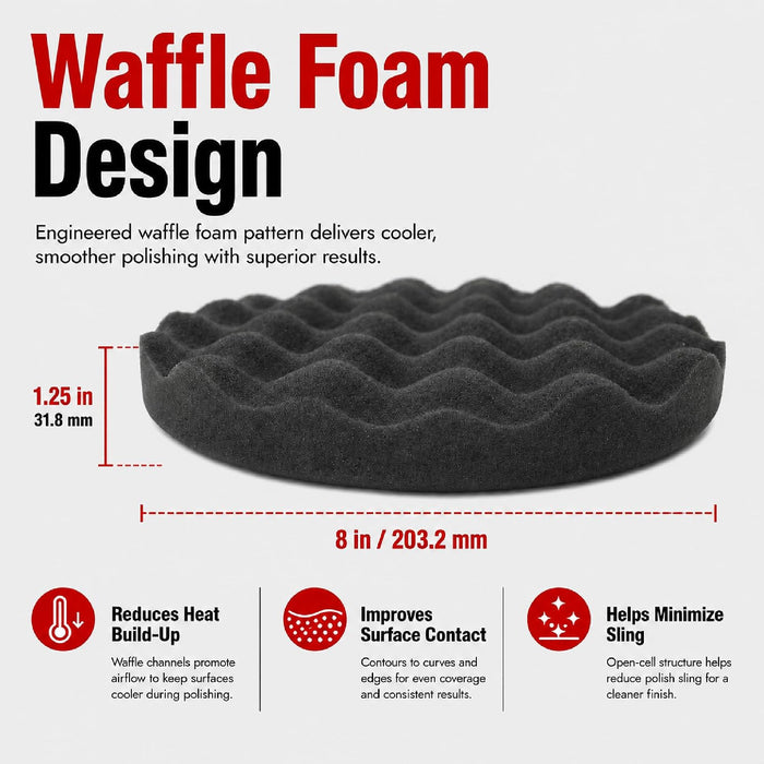 LAUCO Black Foam Waffle Buffing Pad – Single Sided - Final Buff Polish Wax - Hook & Loop – 8” inch (203.2 mm) 8998