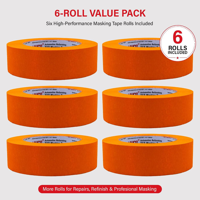 LAUCO Orange Masking Tape 1.5 in x 60 Yd, 6 Rolls, Automotive Painting, High Adhesion, UV, Moisture & Heat Resistant, No Residue, Multi-Purpose for Collision Repair 19541