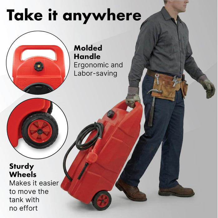 Fuel Caddy 15 Gallon, Portable Wheeled Gas Tank with 10 FT Transfer Hose and Nozzle, HDPE Fuel Container with Shut-Off Valves for Gasoline, Diesel and Machine Oil
