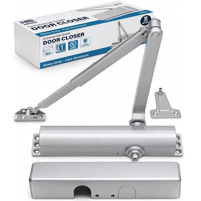 Commercial Door Closer Size 1-6, Heavy Duty Cast Aluminum Automatic Door Closer, Grade 1 ANSI/BHMA, UL Listed 3 Hour Fire Rating, Adjustable Speed, Reversible, 24-60 Inch Doors, 62802