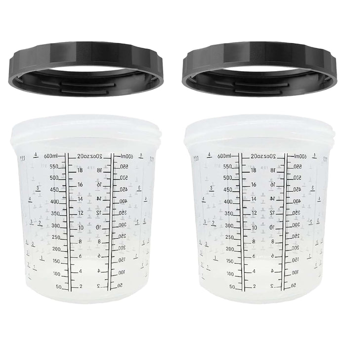 LAUCO 2 Pack Paint Spray Gun Hard Cup Set, 600ML (20 Oz) Reusable Mixing Cups with Retainer Rings, Compatible with Disposable Paint Cup Liner and Lid Systems for Automotive Paint, Primer, Clear Coat
