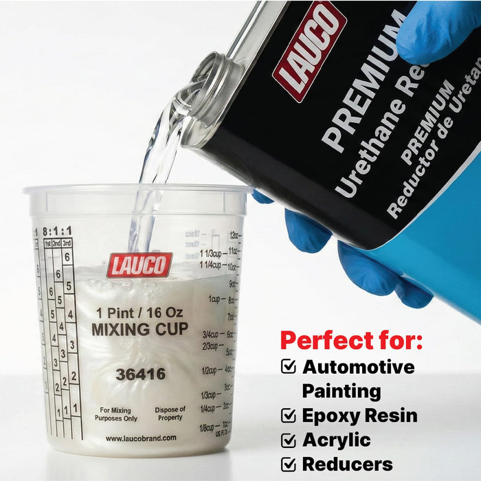 Pack of 100 Cups and 12 Lids Paint & Epoxy Mixing Cups - 32oz, Calibrated Mixing ratios on Side - Solvent Resistant, Reusable Clear Plastic Cups for Paint, Epoxy, Resin, Oil, Thinner