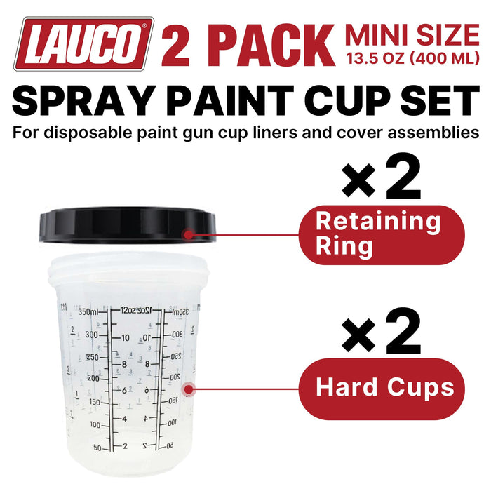 LAUCO 2 Pack Paint Spray Gun Hard Cup Set, 400ML (13.5 Oz) Reusable Mixing Cups with Retainer Rings, Compatible with Disposable Paint Cup Liner and Lid Systems for Automotive Paint, Primer, Clear Coat