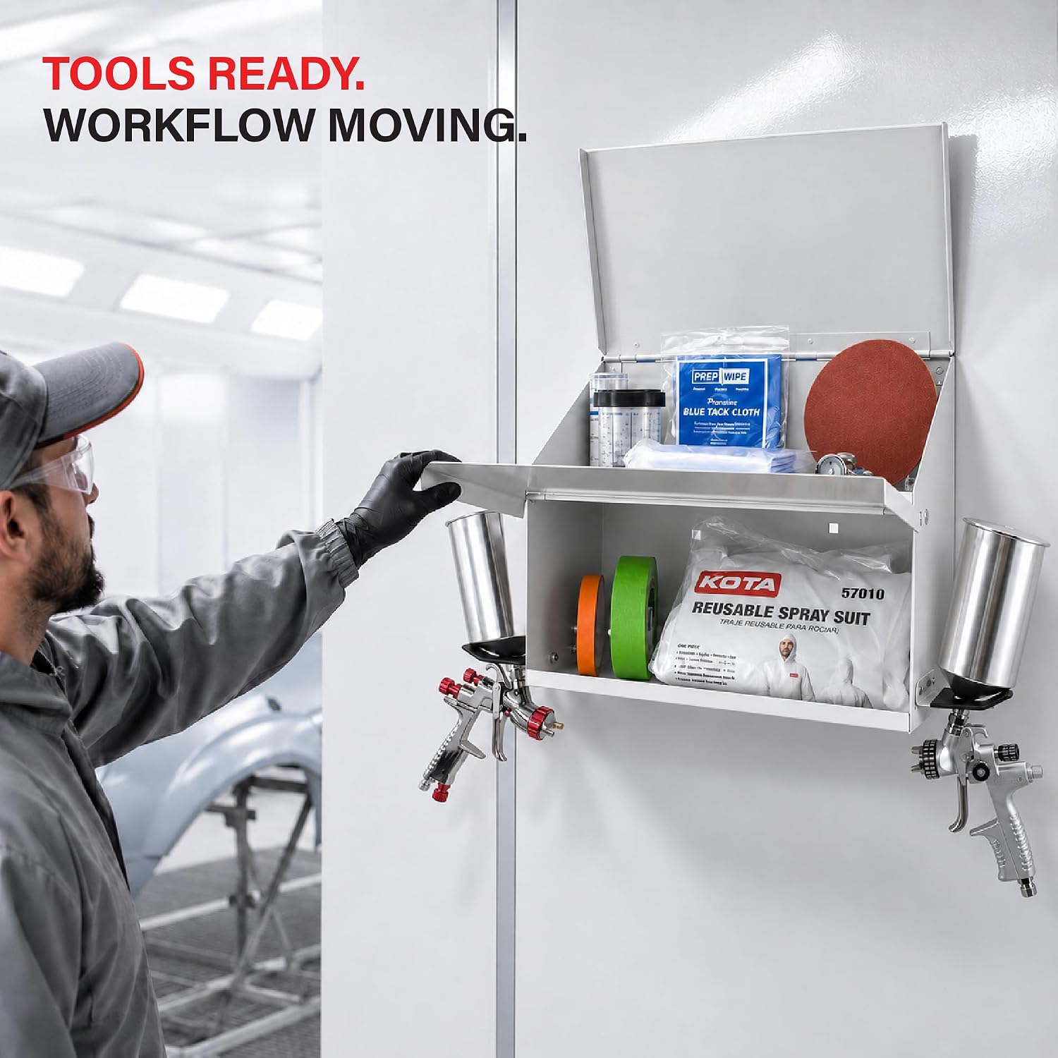 Magnetic Spray Booth Box White- Double Compartment Cabinet with Double Spray Paint Gun Holder, Spray Gun Holder, Spray Paint Storage Box Cabinet for the Interior of Spray Booth, Spray Gun Box 1681