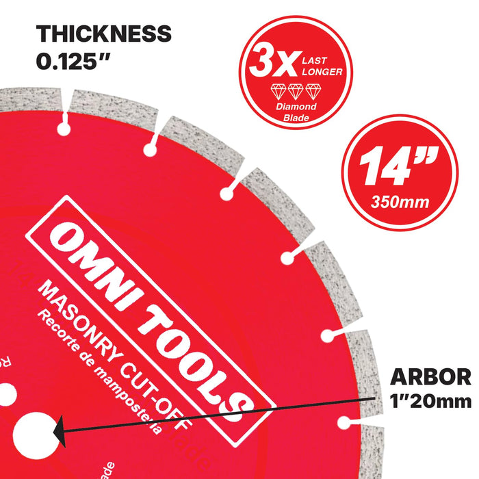 Omni Tools 14 Inch Diamond Saw Blade Concrete Cutting Blade for Masonry, Brick, Block, Stone 350mm Segmented Cut-Off Disc for Circular Saw Heavy Duty Abrasive Wheel Dry Wet Use 5500 RPM [33097]