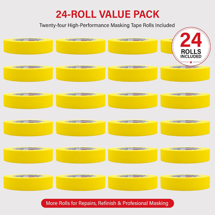 Automotive Masking Tape 1.4in, 24 Rolls Yellow Painters Tape for Car Painting, High Temperature Resistant Refinishing Tape, Clean Removal No Residue, Professional Auto Body Shop Masking Tape Bulk