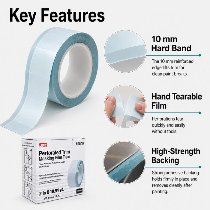 LAUCO Perforated Trim Masking Tape 69549, Molding Paint Protection, Trim Lifting Tape, Hand Tearing, 10 mm Hard Band, 50 mm x 10 m Auto Body Masking Film with High-Strength Backing 69549