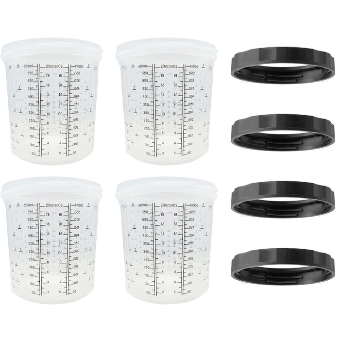 LAUCO 4 Pack Paint Spray Gun Hard Cup Set, 600ML (20 Oz) Reusable Mixing Cups with Retainer Rings, Compatible with Disposable Paint Cup Liner and Lid Systems for Automotive Paint, Primer, Clear Coat