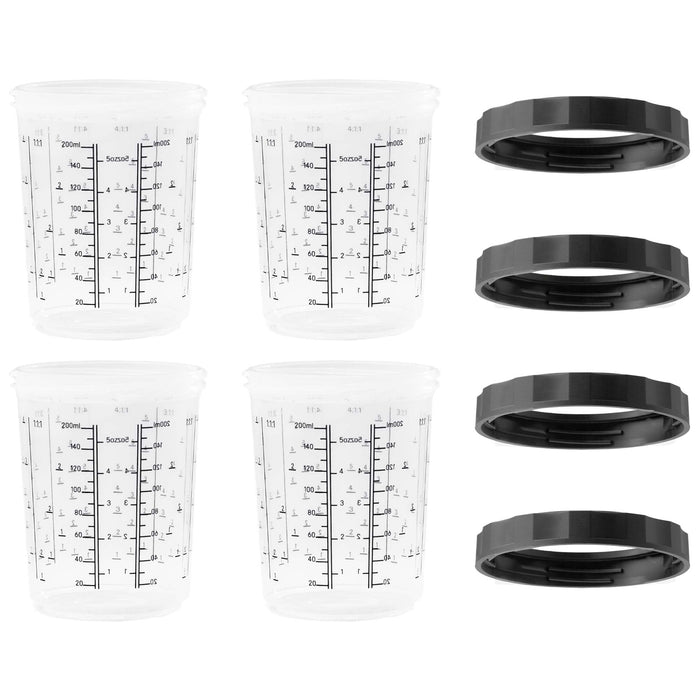 LAUCO 4 Pack Paint Spray Gun Hard Cup Set, 200ML (6.8 Oz) Reusable Mixing Cups with Retainer Rings, Compatible with Disposable Paint Cup Liner and Lid Systems for Automotive Paint, Primer, Clear Coat