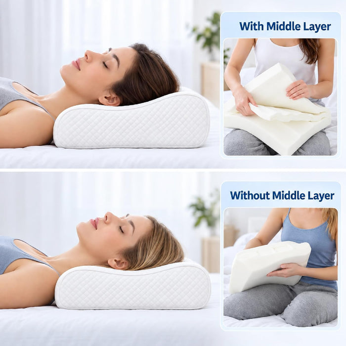 Queen Memory Foam Pillow, Adjustable 3 Layer Contour Pillow for Neck Support, Slow Rebound Cervical Pillow for Side & Back Sleepers, Height Adjustable, 24 x 14 x 5 Inch 18511