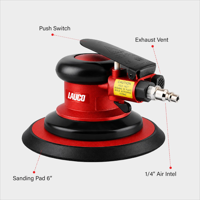 6-Inch Pneumatic Random Orbital Air Sander, 12,000 RPM, Low Vibration, 6" Hook & Loop Sanding Pad, Professional DA Air Sander for Auto Body, Woodworking & Metal Finishing