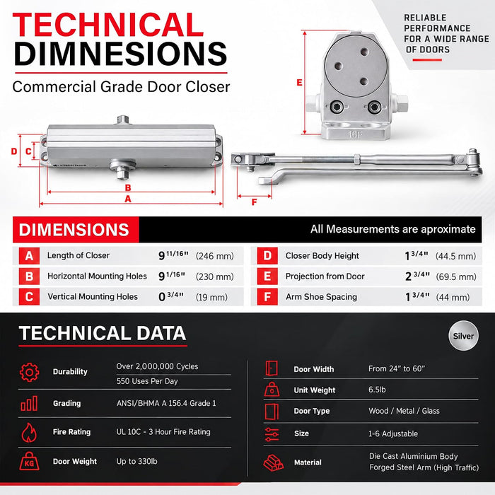 Commercial Door Closer, Grade 1 Hydraulic Self Closing Door Closer, Adjustable Size 2-5, UL 10C Fire Rated, Standard Arm with Backcheck, Die Cast Aluminum Body, Doors up to 330 lbs 62803