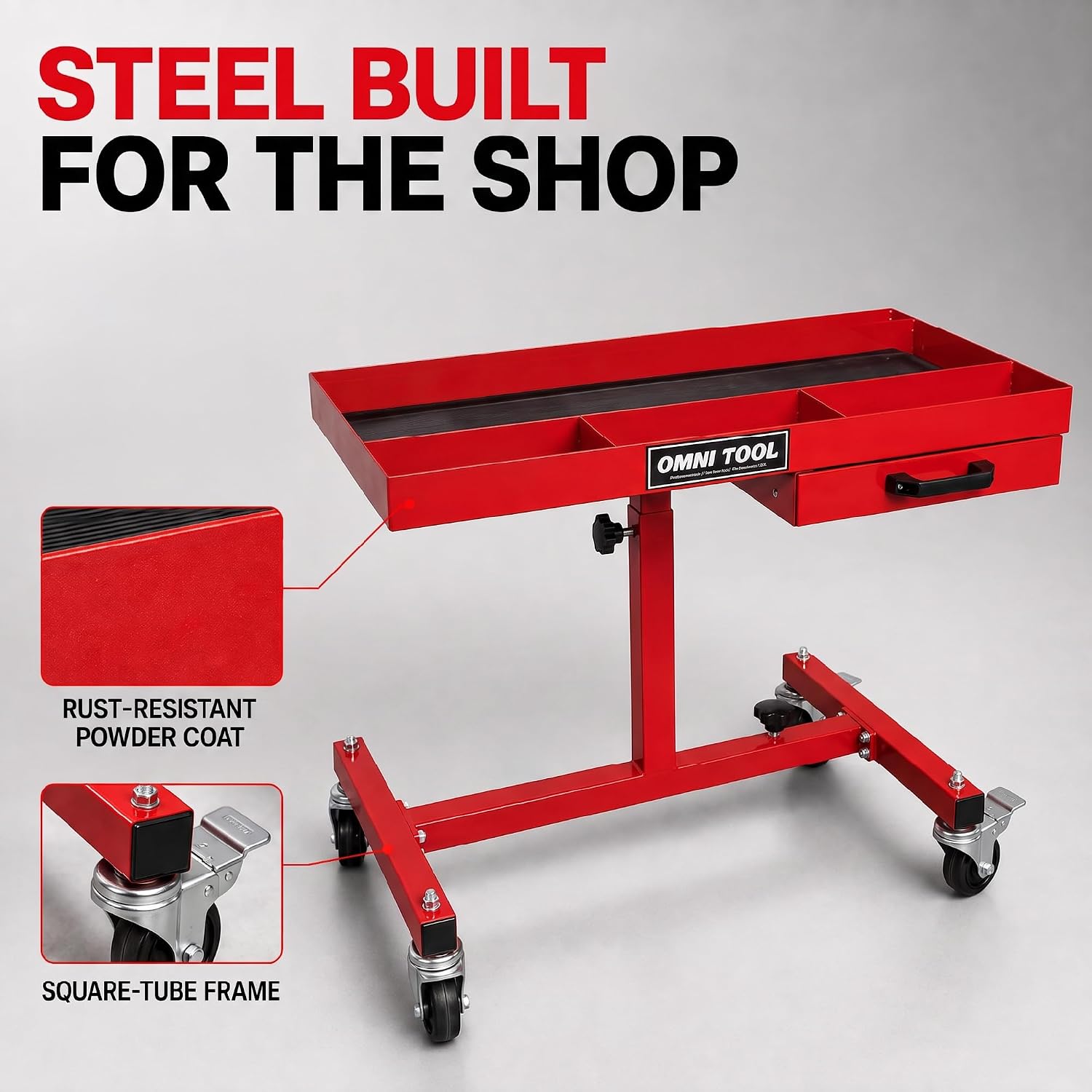 Rolling Work Table with Drawer, Adjustable Height & Width Mobile Tool Tray, 220 lb Capacity Steel Mechanic Cart with 4 Swivel Casters for Garage, Shop & Automotive Repair, Red [39102]