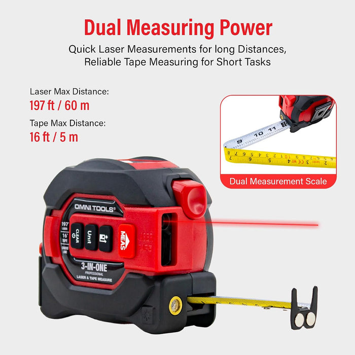 Laser Tape Measure 16 Ft, 3-in-1 Digital Laser Distance Meter with 197 Ft Range, Cross Level, Magnetic Hook, Auto-Lock Steel Tape for Construction, DIY and Home Improvement, 60831