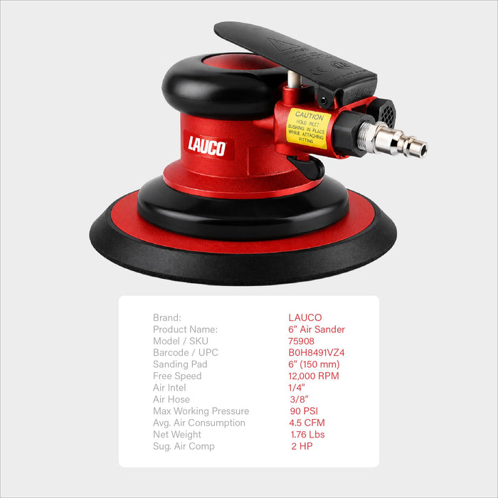6-Inch Pneumatic Random Orbital Air Sander, 12,000 RPM, Low Vibration, 6" Hook & Loop Sanding Pad, Professional DA Air Sander for Auto Body, Woodworking & Metal Finishing