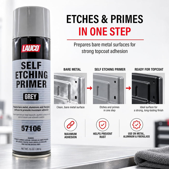 LAUCO Self Etching Primer Grey Aerosol Spray Can 13oz - Pack of 2 - Automotive and Industrial Primer - Great for use on Bare Metal Areas Before applying Truck Bed Liner (57106)