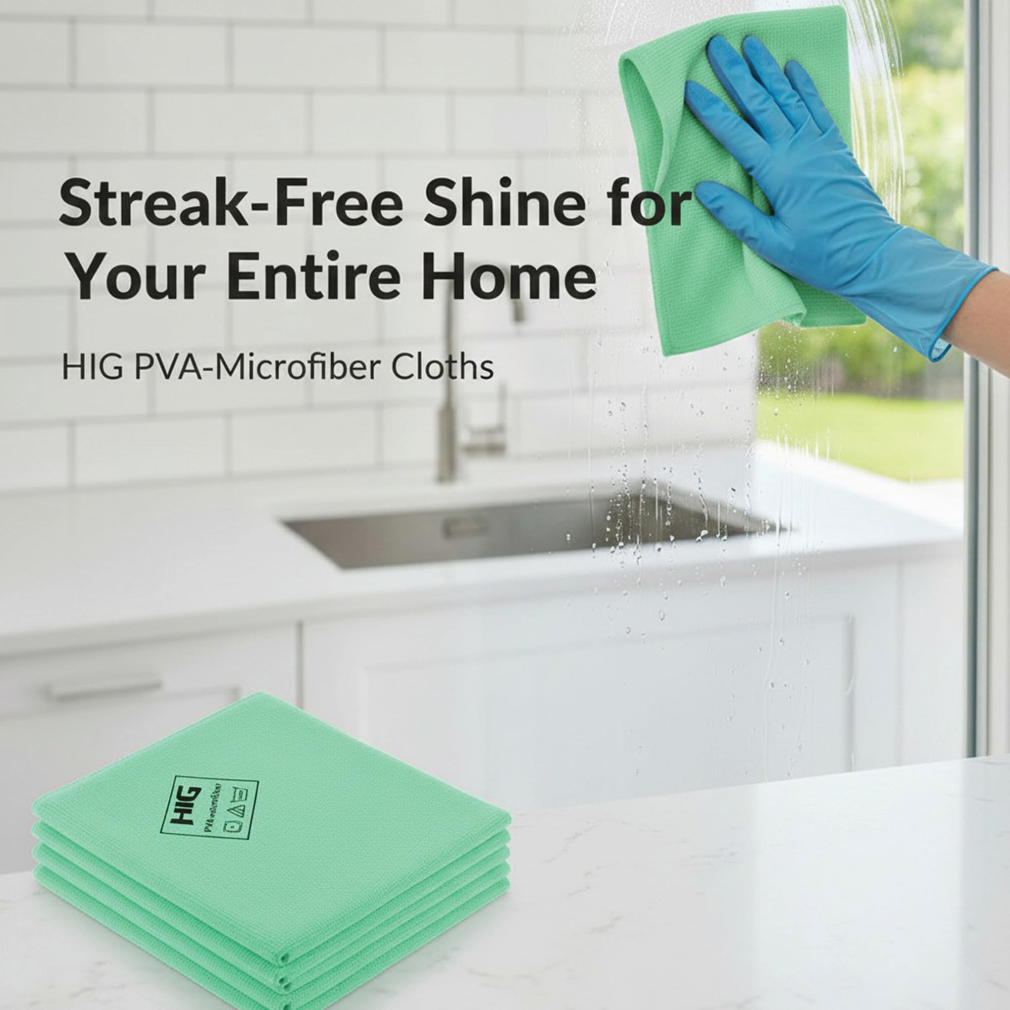 HIG PVA Microfiber Cleaning Towels, Professional Grade Synthetic Chamois Cloths for Streak Free Shine, Ultra Absorbent, Smooth & Reusable All-Purpose Cleaning Rags for Home, Car & Kitchen (5, Green)