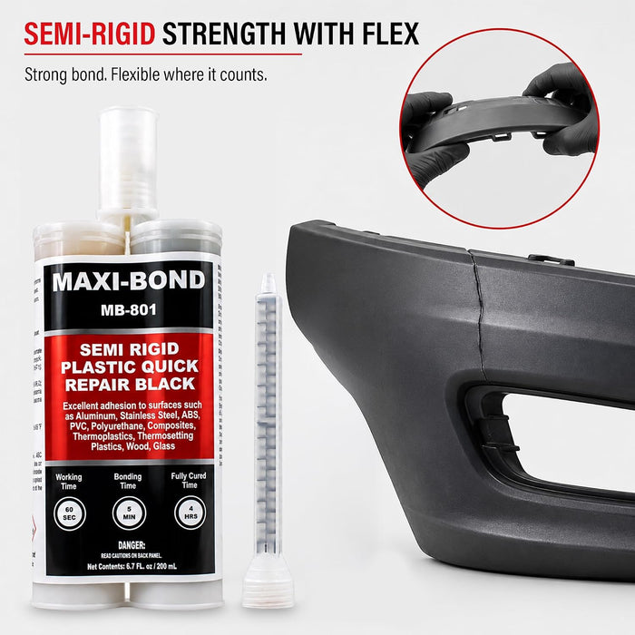 LAUCO Maxi-Bond Semi-Rigid Plastic Quick Repair Adhesive Black – 200ml (MB-801) – Fast-Setting Polyurethane for Automotive Body Plastic Repair 4585