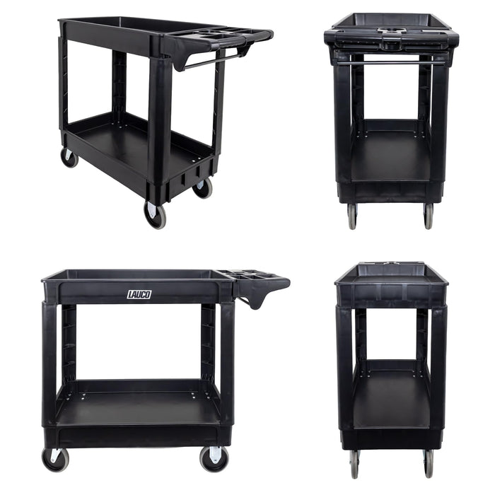 Lauco Heavy Duty Polypropylene Utility Cart - ﻿30" x 16" x 33"- Industrial Cart with Full Swivel Wheels Safely Holds up to 550 lbs - Multipurpose 2 Tier Service Cart for Warehouse, Garage, Cleaning
