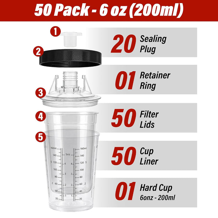 LAUCO Disposable Spray Gun Paint Cups Kit – 50 Pack Liners & Lids with 125 Micron Strainer, Hard Cup, Retainer Ring & Plugs (200ml / 6oz)