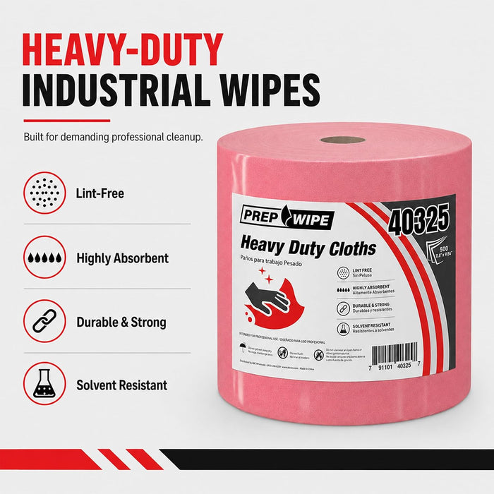 Prep-Wipe Industrial Wipes Jumbo Roll 10", Heavy Duty Pink Cleaning Towels