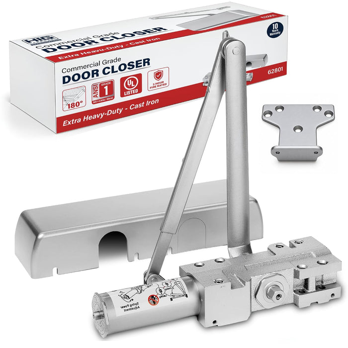 Commercial Door Closer Size 1-6, Heavy Duty Cast Iron Automatic Door Closer, Grade 1 ANSI/BHMA, UL Listed 3 Hour Fire Rating, Adjustable Speed, Reversible, 24-60 Inch Doors, 62801