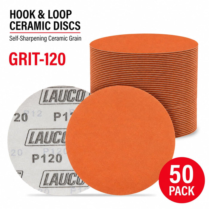 Premium 6" Hook and Loop Sanding Discs (Box of 50) - Hook and Loop Backing Discs for DA Orbital Sanders - Automotive Sanding Wood Furniture Finishing (GRIT-120) 25959