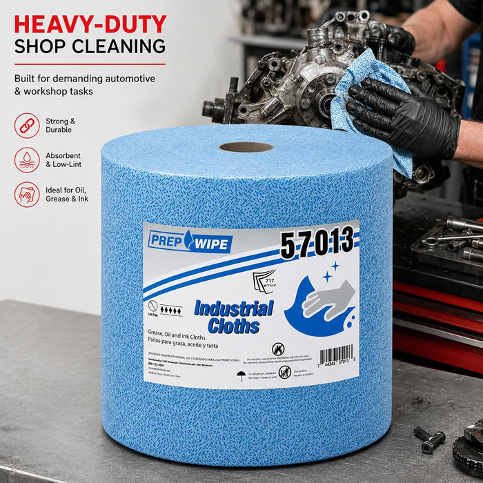Prep Wipe Industrial Cleaning Cloth Roll, 717 Heavy Duty Shop Towels, 10 x 13.4 Inch, Low Lint Polypropylene Wipes for Oil, Grease, Ink & Dirt, Automotive and Workshop Use, 57013