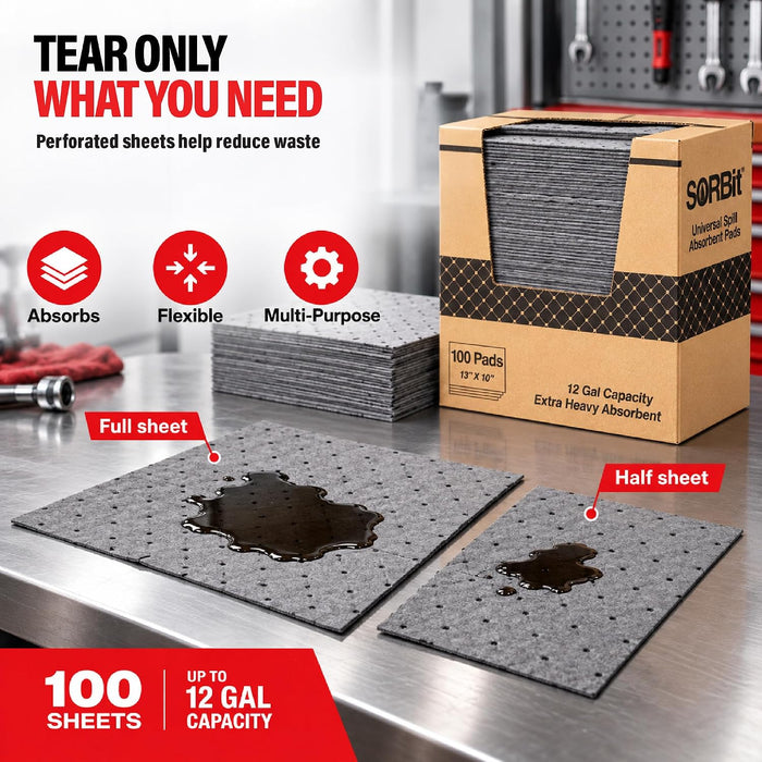 LAUCO Heavyweight Universal Oil Absorbing Pads (Grey) 10 inch x13 inch - Pack of 100 Sheets - Automotive Absorbent Pads for Oils, Water, and Solvents (100 Sheets (1 Box)) 71666