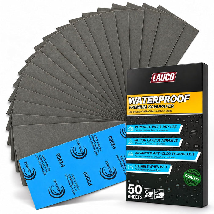 Aqua Maxx Wet Dry Sandpaper Sheets 2000 Grit, 50 Pack Waterproof Silicon Carbide Abrasive Paper, 9 x 5.5 Inch Ultra Fine Finishing Sanding Sheets for Automotive Paint Correction, Polishing, Metal