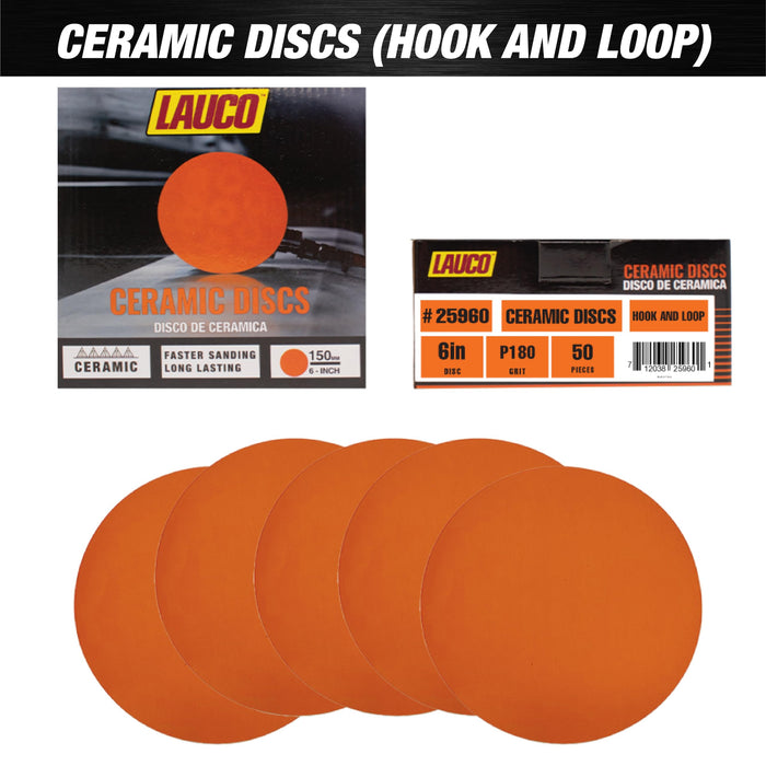 Premium 6" Hook and Loop Sanding Ceramic Discs (Box of 50) - Hook and Loop Backing Discs for DA Orbital Sanders - Automotive Sanding Wood Furniture Finishing (GRIT-180) 25960