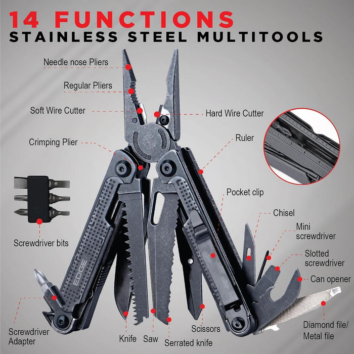 EDGE Multi-Tool Pliers, 18-in-1 Stainless Steel Multitool with Knife, Saw, Scissors, Wire Cutter & Screwdriver Bits, Compact Folding Pocket Tool for Camping, Survival, Fishing & Car Emergency (Black)