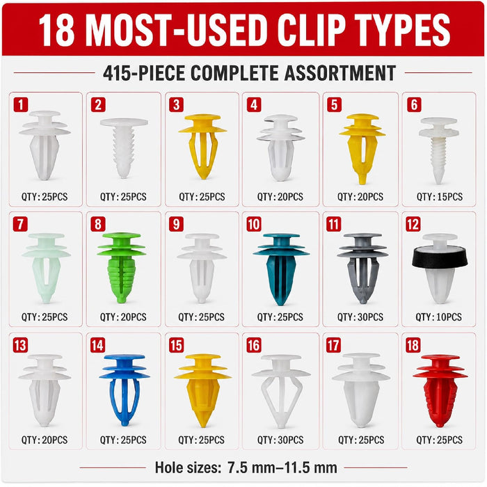Car Door Trim Panel Clips Kit Set C (415 Pieces) 18 Types of Clips, Bumper Push Fastener Rivet Clips, Expansion Screws Replacement Kit