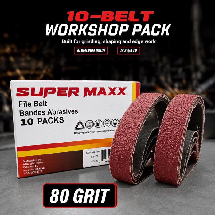 LAUCO Super MAXX 13" L x 0.75" W File Belt Bands Abrasives, 80 GRIT, Pack of 10 Sanding Belts, Compatible with Super MAXX Expander Wheel, File Belts for Grinding, Polishing & Finishing