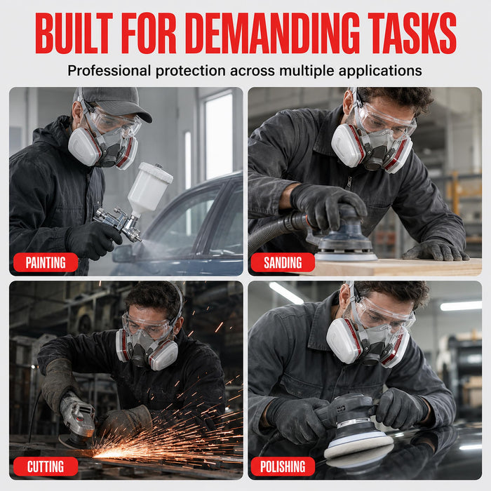 LAUCO Premium Respirator Kit - Reusable Half Face Cover Set with Safety Glasses for Gas, Painting, Machine Polishing, Staining, Car Spraying, Sanding & Cutting, DIY and Other Work Protection