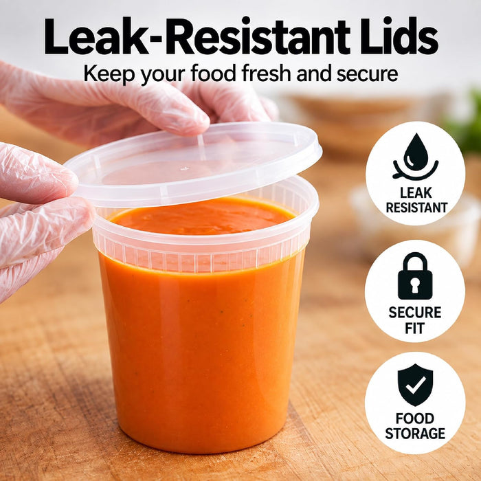 Uni-Pak 32 oz Plastic Deli Food Storage Containers with Lids, 50 Set, BPA-Free Meal Prep Containers, Leak-Resistant, Stackable, Microwave, Freezer & Dishwasher Safe for Soup, Snacks & Leftovers 62813