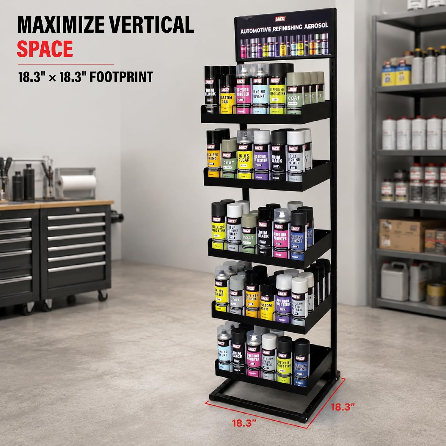 LAUCO Aerosol Rack Assortment Display - Holds up to 150 Aerosol Cans - 5 Tier Spray Paint Can Storage Rack Organizer - 68.8" H x 18.3" L x 18.3" W- 87228