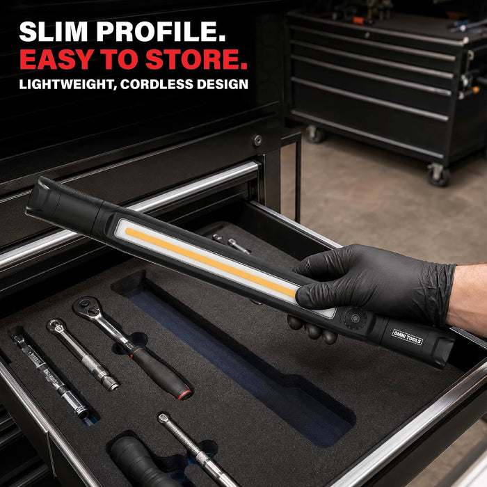 Omni Tools 1200+ Lumen Rechargeable Underhood Work Light Magnetic Mount, Adjustable Brightness, 360° Rotating Hooks, USB-C Charging Ideal for Mechanics, Garage, and Emergency Use 33118