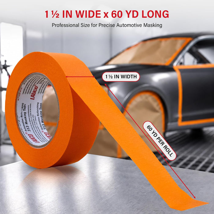 LAUCO Orange Masking Tape 1.5 in x 60 Yd, 6 Rolls, Automotive Painting, High Adhesion, UV, Moisture & Heat Resistant, No Residue, Multi-Purpose for Collision Repair 19541