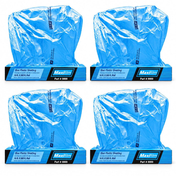 MAXIFILM 16ft x 350ft, 4 Rolls of Blue Overspray Paintable Masking Plastic Sheeting -8 Micron, 0.3 Mil, Protective Masking Film Cover, Auto Painting, Cover Cloth Home Walls Furniture 8999