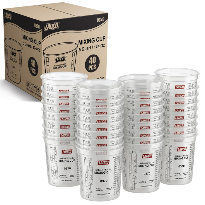 Box of 40 - Paint & Epoxy Mixing Cups Buckets - 174 Ounce (5-Quart) - Calibrated Mixing ratios on Side - Solvent Resistant, Reusable Clear Plastic Cups for Paint, Epoxy, Resin, Oil, Thinner (40)