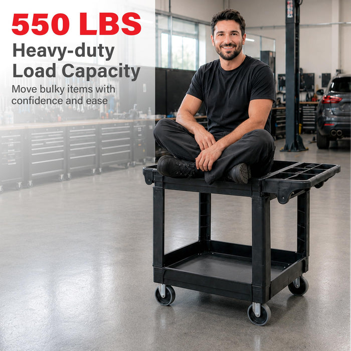 Lauco Heavy Duty Polypropylene Utility Cart - ﻿30" x 16" x 33"- Industrial Cart with Full Swivel Wheels Safely Holds up to 550 lbs - Multipurpose 2 Tier Service Cart for Warehouse, Garage, Cleaning