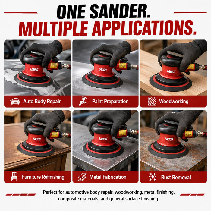 6-Inch Pneumatic Random Orbital Air Sander, 12,000 RPM, Low Vibration, 6" Hook & Loop Sanding Pad, Professional DA Air Sander for Auto Body, Woodworking & Metal Finishing
