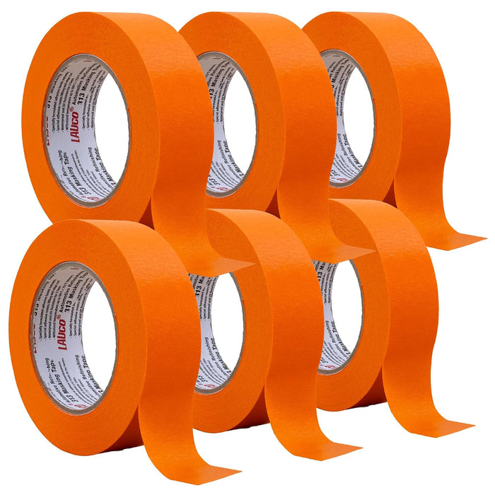 LAUCO Orange Masking Tape 1.5 in x 60 Yd, 6 Rolls, Automotive Painting, High Adhesion, UV, Moisture & Heat Resistant, No Residue, Multi-Purpose for Collision Repair 19541