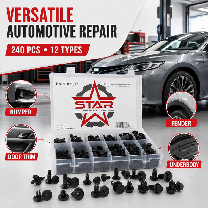240 Pcs Bumper Clips Car, 12 Types of Clips, Bumper Push Fastener Rivet Clips, Expansion Screws Replacement Kit, Car Door Trim Panel Clips Kit Set A