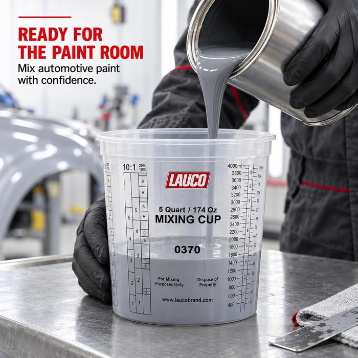 Box of 40 - Paint & Epoxy Mixing Cups Buckets - 174 Ounce (5-Quart) - Calibrated Mixing ratios on Side - Solvent Resistant, Reusable Clear Plastic Cups for Paint, Epoxy, Resin, Oil, Thinner (40) 0370