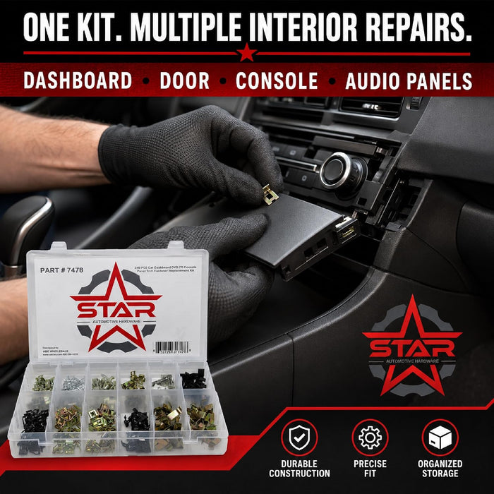 Panel Trim Fastener Kit 240-Piece – Star Dashboard, Door, Console, DVD/CD Panel Clip Replacement Set for Automotive Trim Repair
