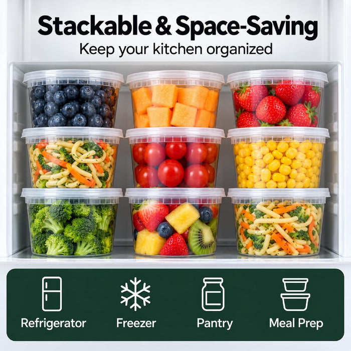 Uni-Pak 16 oz Plastic Deli Food Storage Containers with Lids, 50 Set, BPA-Free Meal Prep Containers, Leak-Resistant, Stackable, Microwave, Freezer & Dishwasher Safe for Soup, Snacks & Leftovers 62812