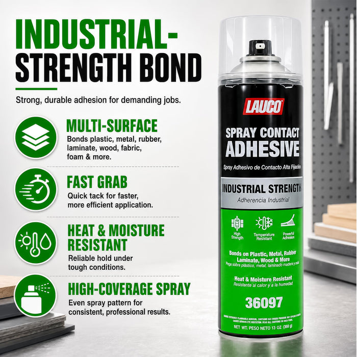 LAUCO Spray Adhesive Contact 13oz, Pack of 2, Industrial Strength Heavy Duty Glue for Wood, Metal, Plastic & Rubber, Heat & Moisture Resistant Fast Bond Multi-Surface Spray Adhesive